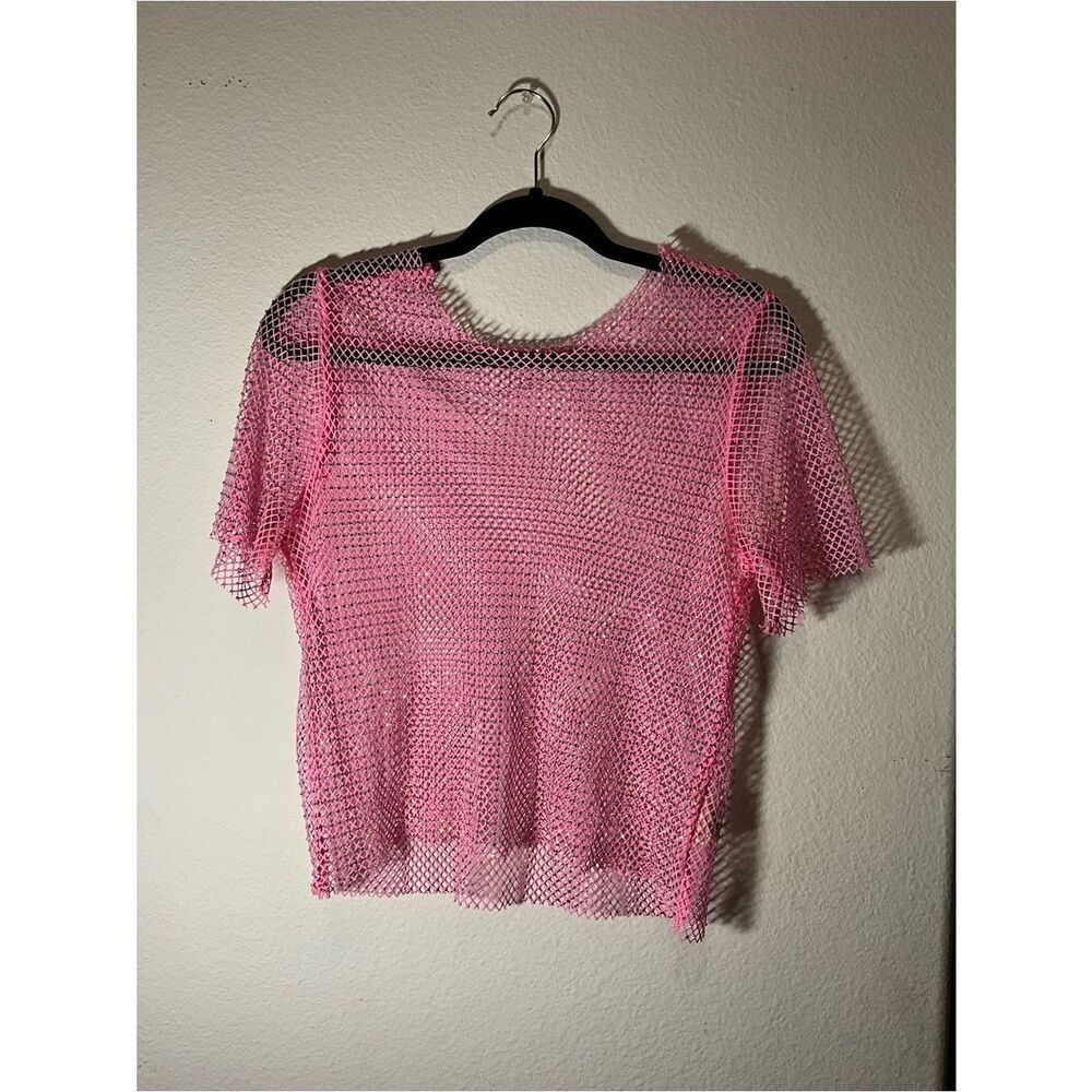 Sheer Pink Mesh Crop Top - Short Sleeve Beach Cover